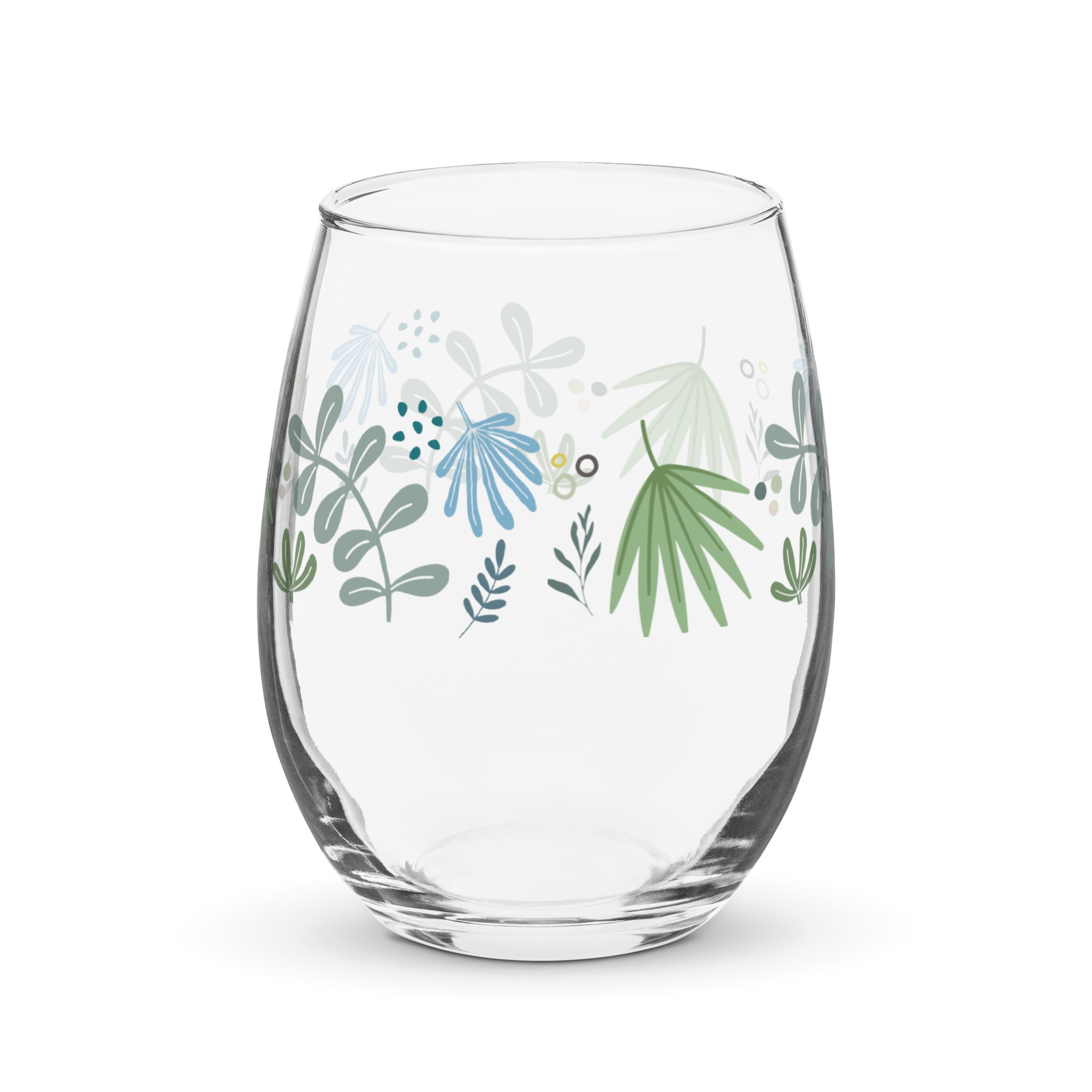 green leaf print stemless wine glasses