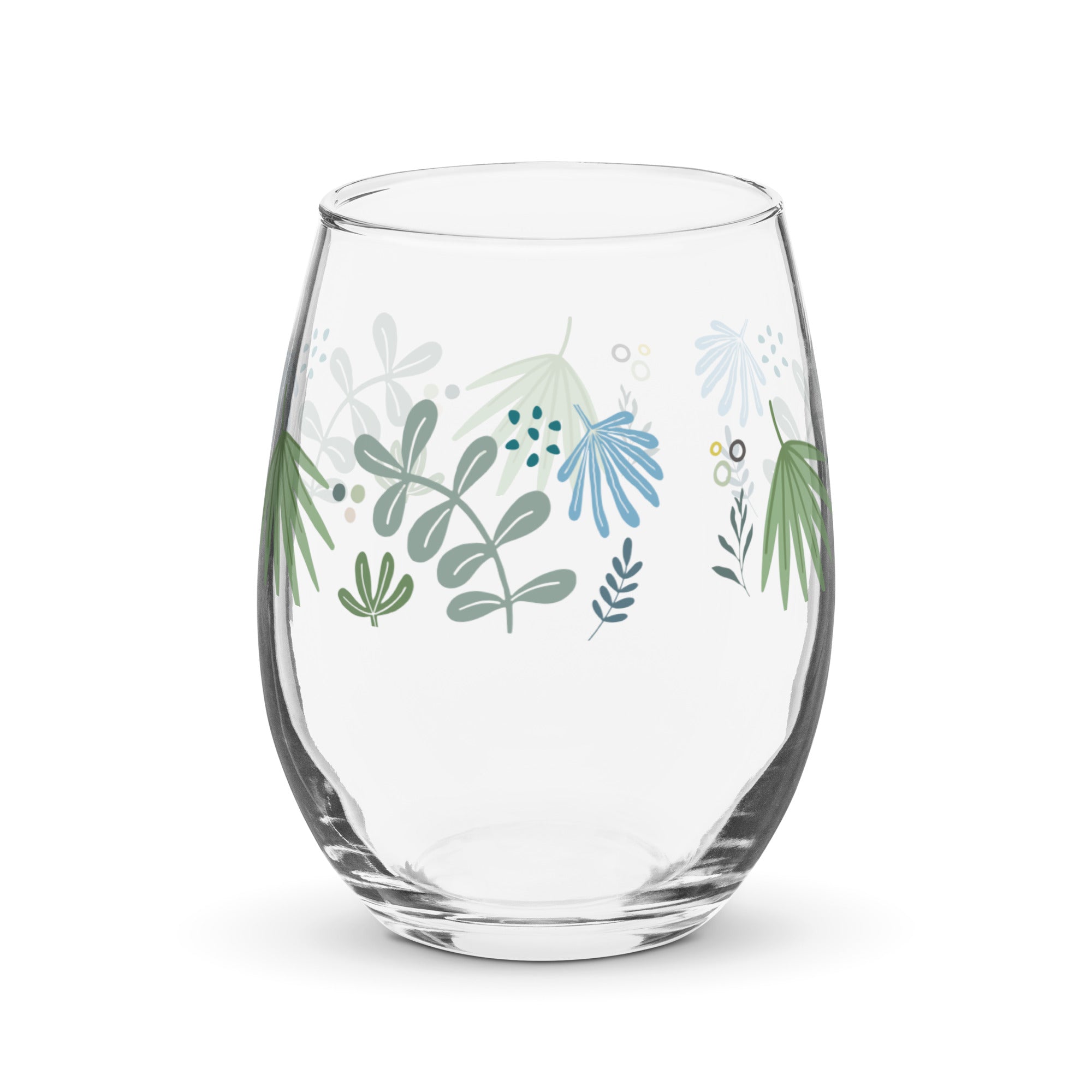 green leaf print stemless wine glass