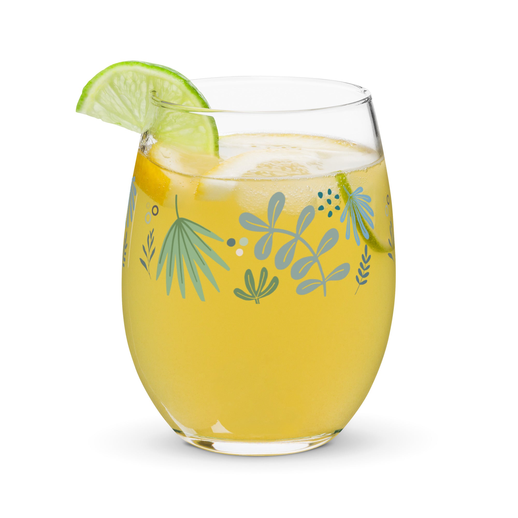 green leaf stemless wine glass