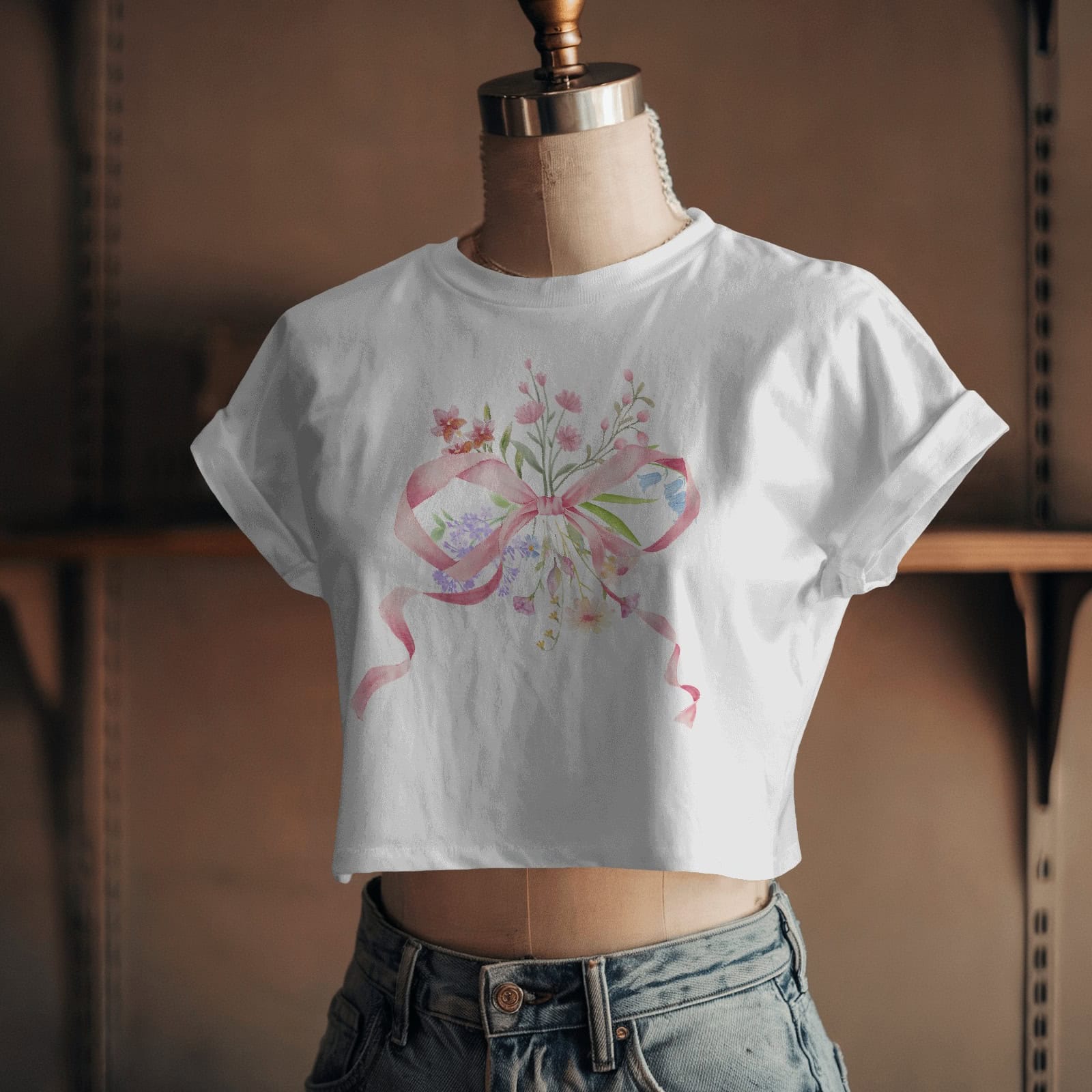 White crop top with floral design on a mannequin against a neutral background