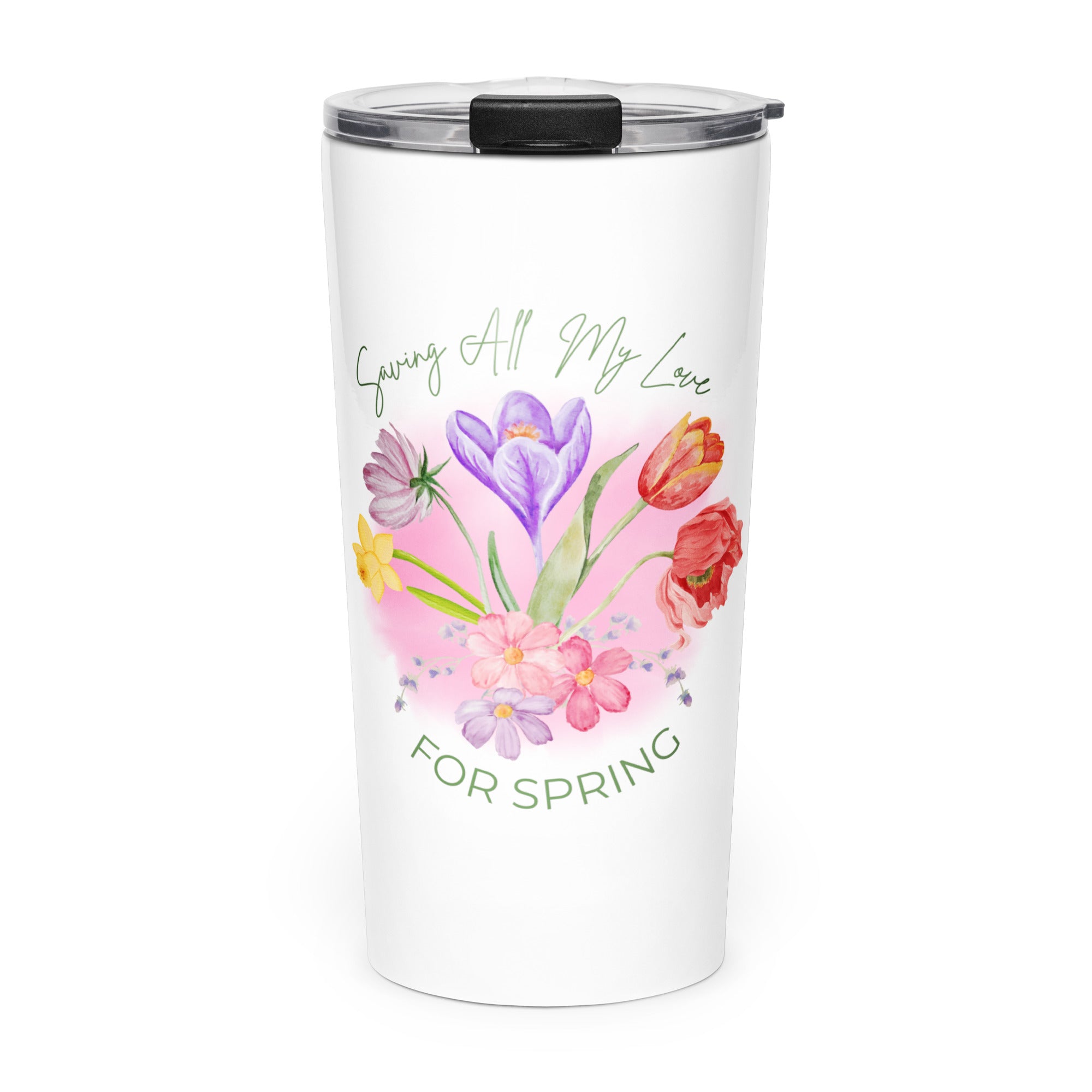 White tumbler with floral design and text on a white background