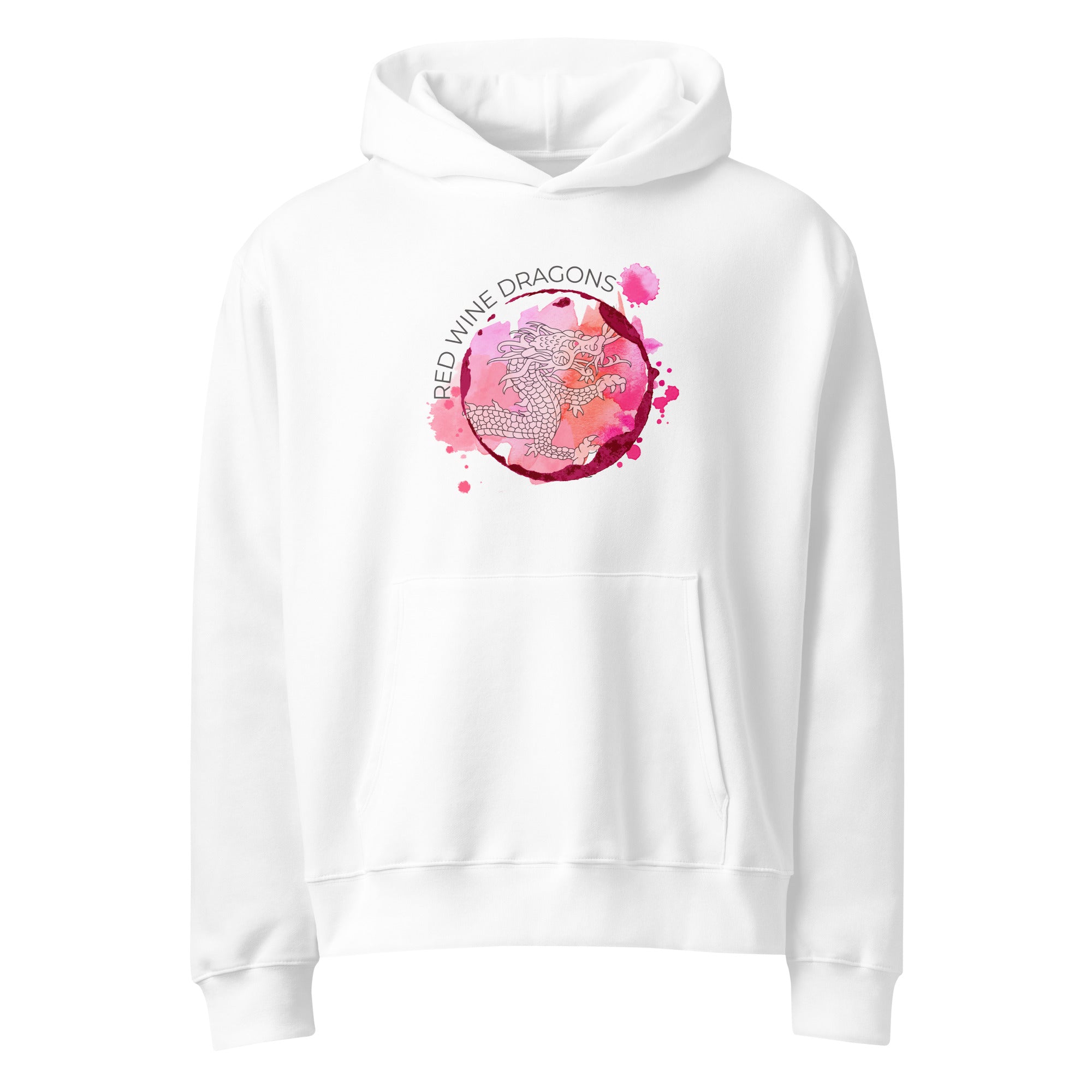 White hoodie with a colorful 'Red Wine Dragons' logo on a white background