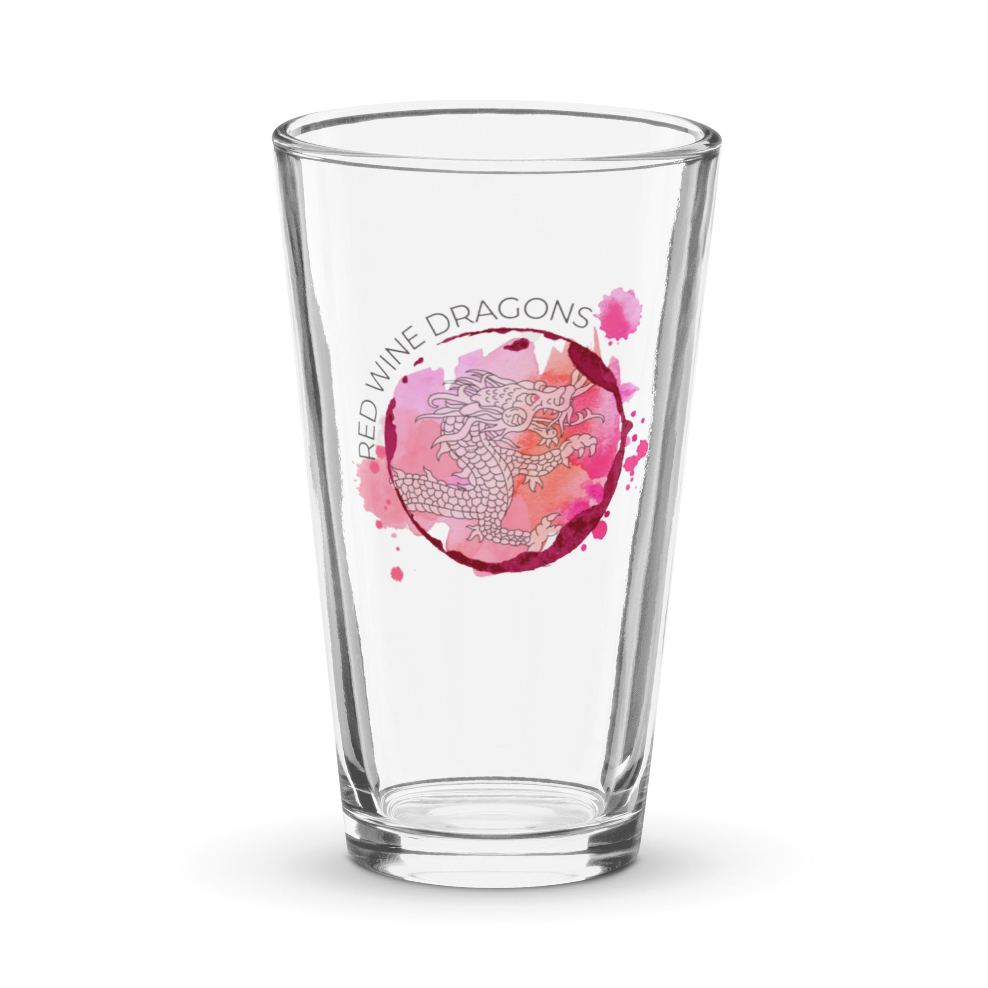 Clear tall glass with pink dragon design and text on a white background