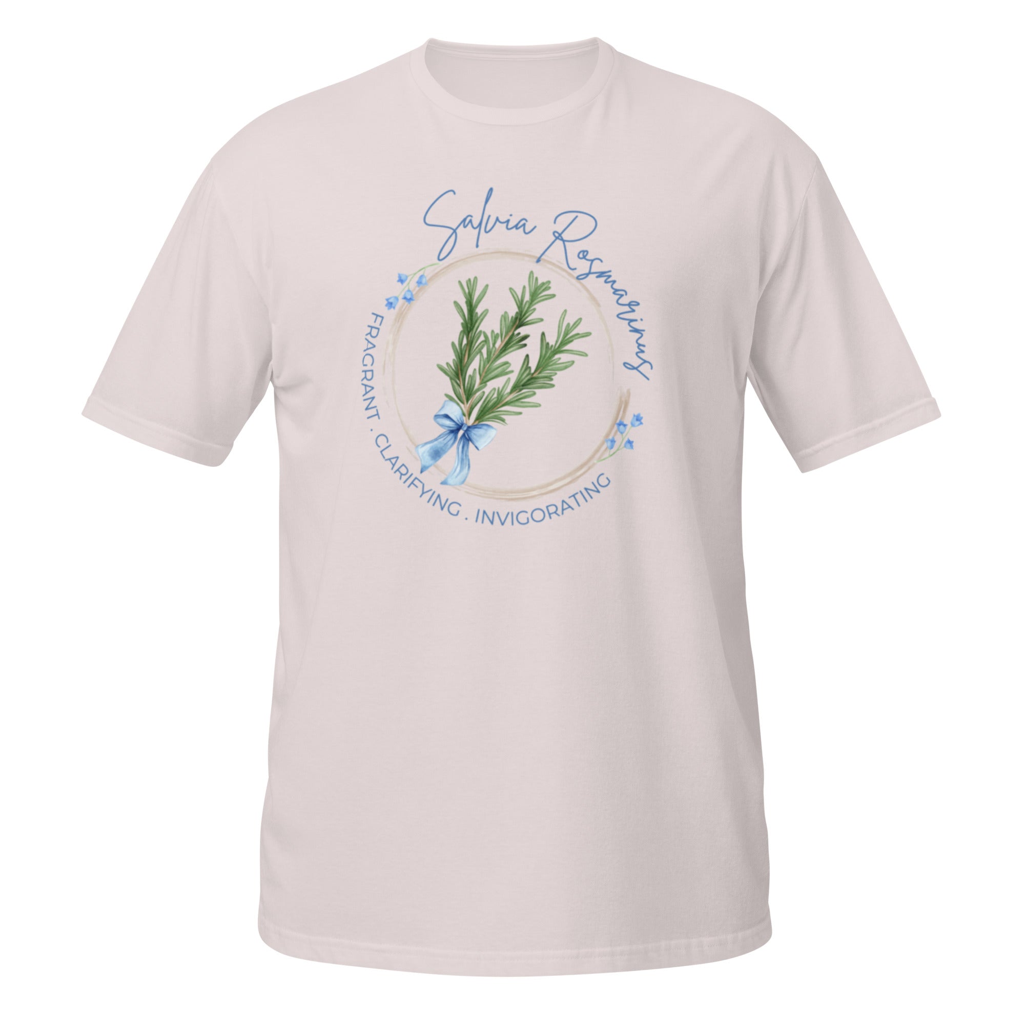 Beige t-shirt with Salvia officinalis graphic and text on a white background