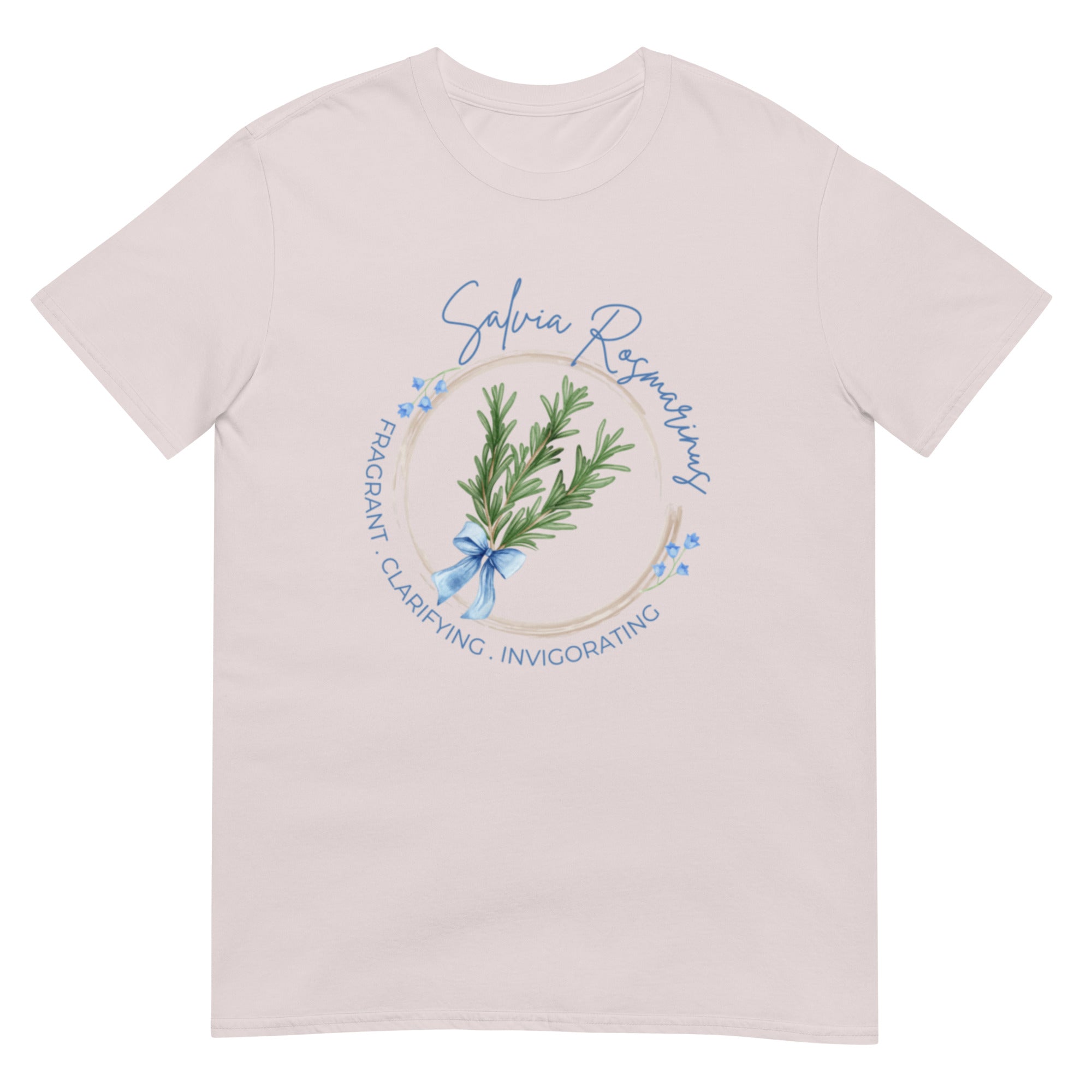grey t-shirt with rosemary garden print and text on a white background