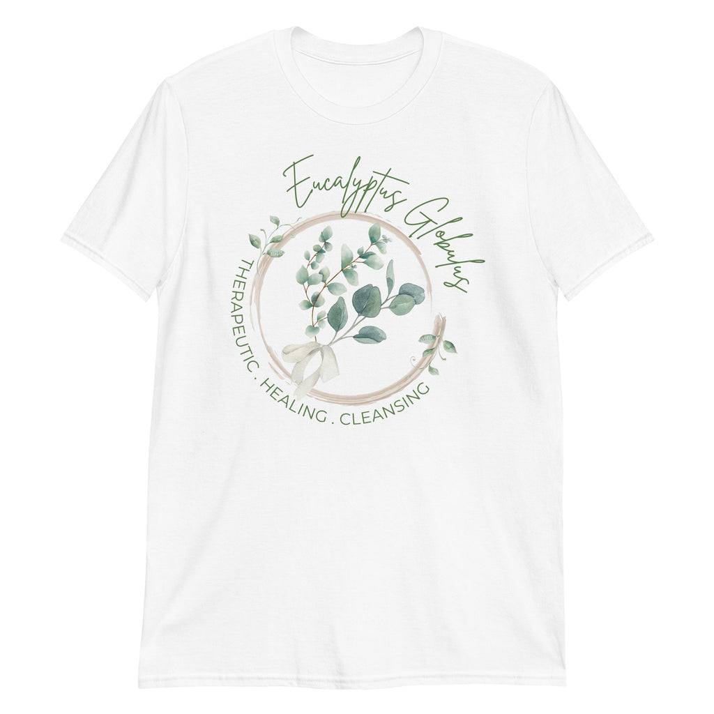 White t-shirt with eucalyptus graphic and text on a white background