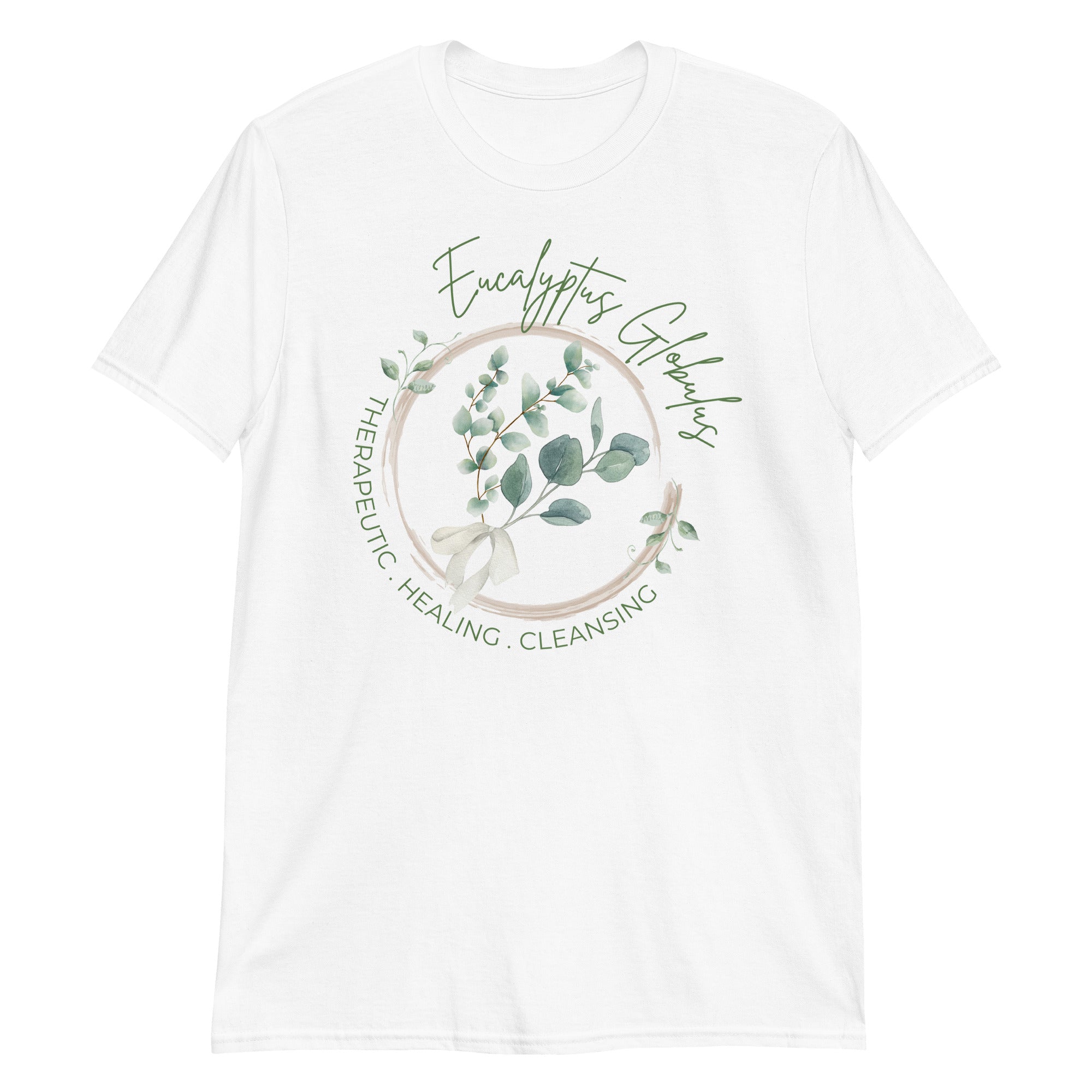 White t-shirt with eucalyptus graphic and text on a white background