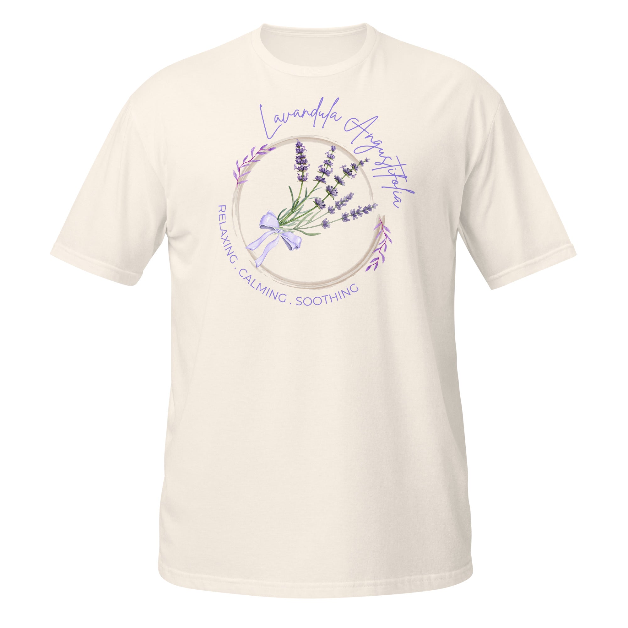 Beige t-shirt with lavender design and text on a white background