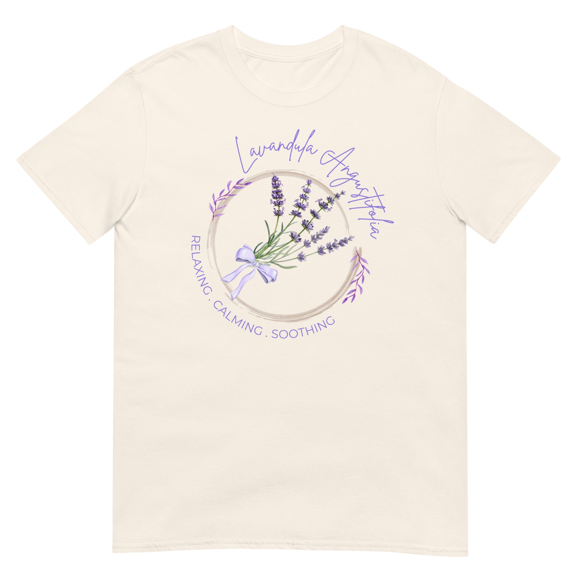 Beige t-shirt with lavender design and text on a white background