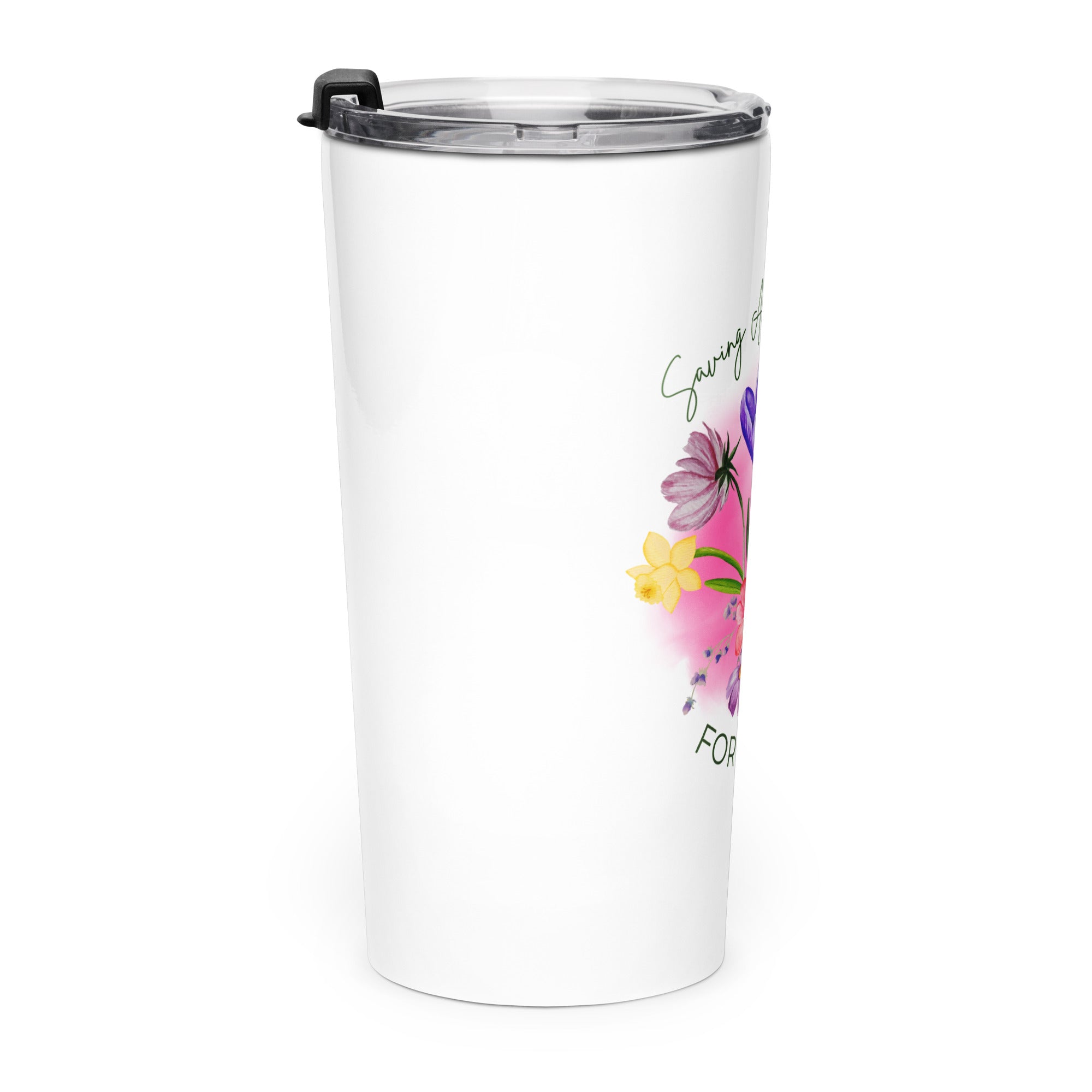 White tumbler with floral design and text on a white background