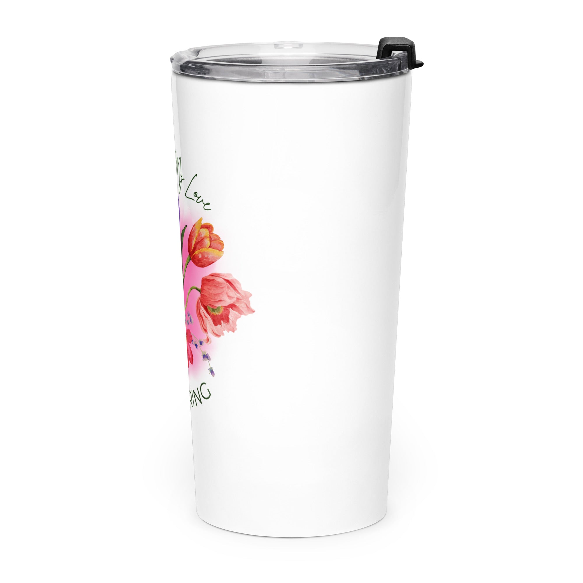 White tumbler with floral design and text on a white background