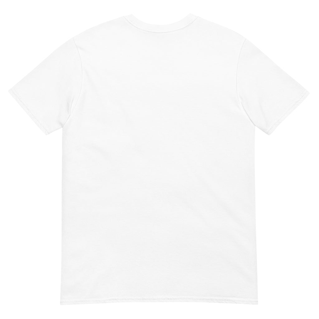 Plain white t-shirt with a small logo on the chest.