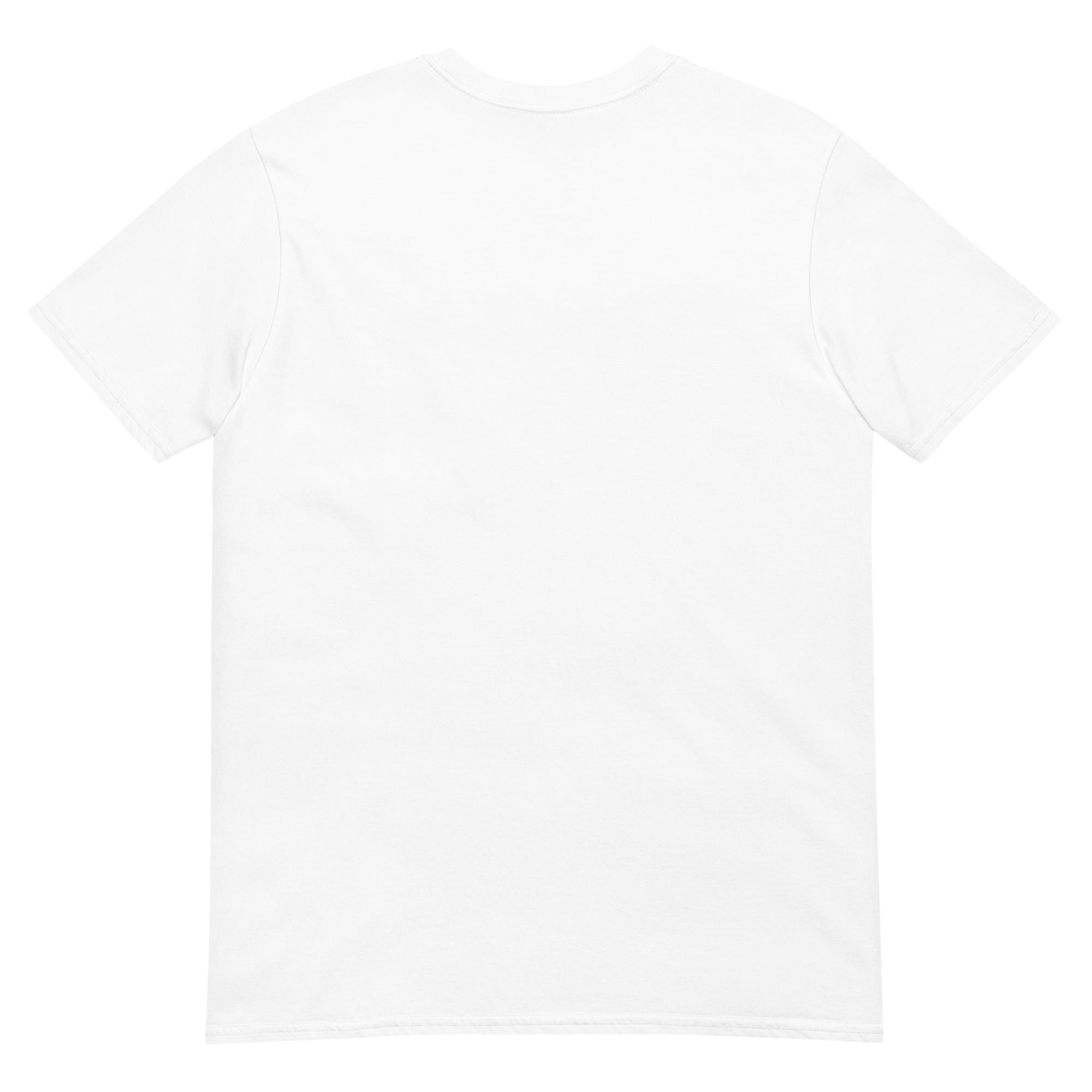 Plain white t-shirt with a small logo on the chest.