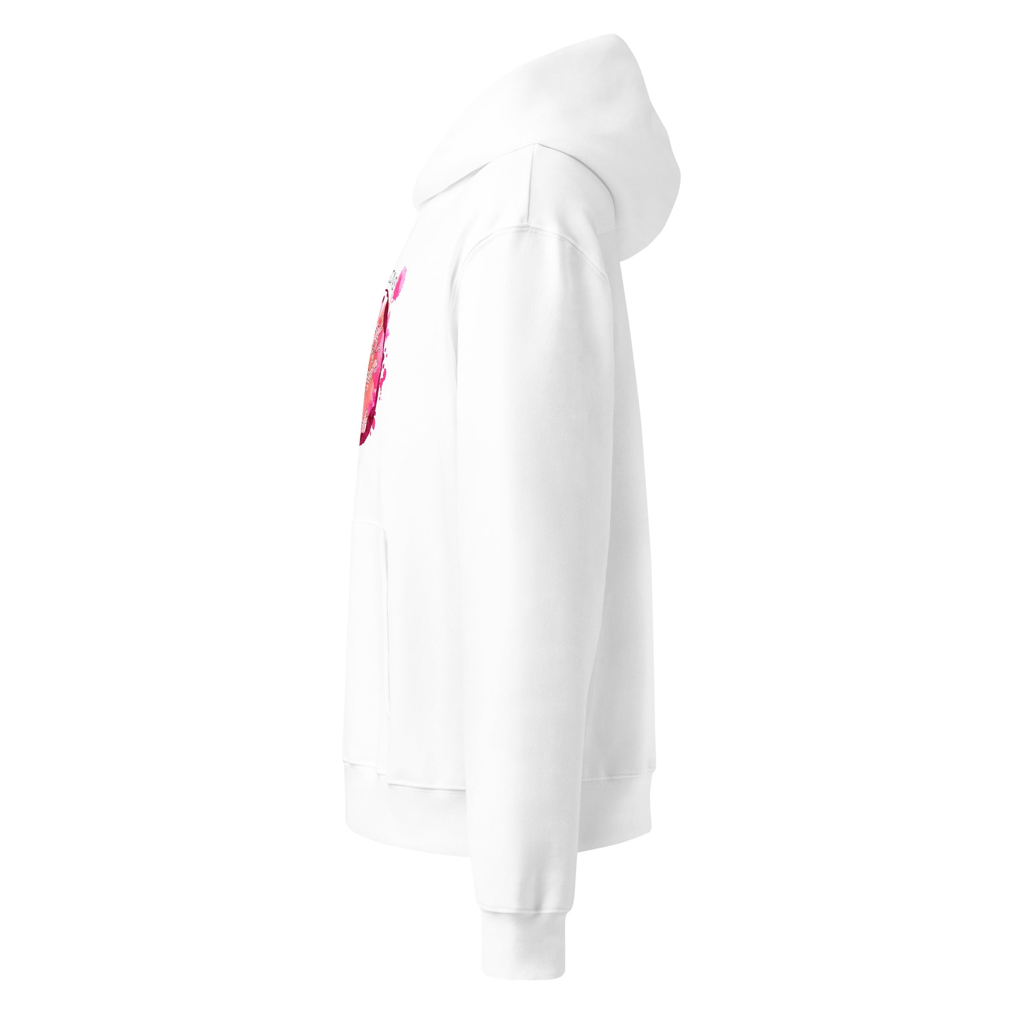 White hoodie with a small red logo on a white background