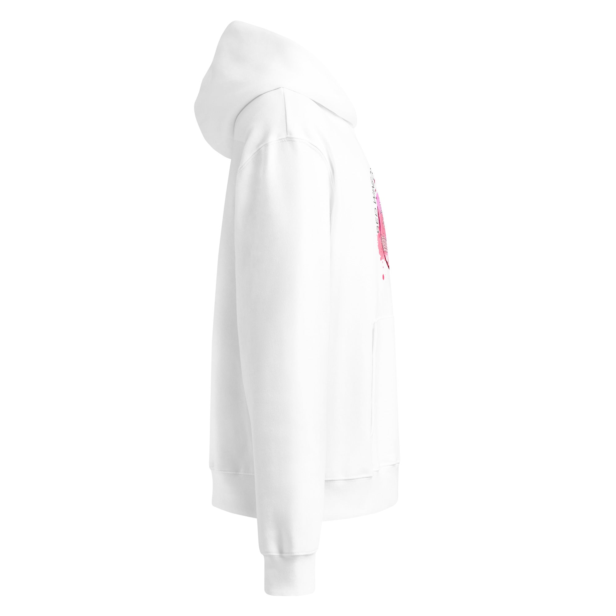 White hoodie with a small colorful logo on the chest against a white background