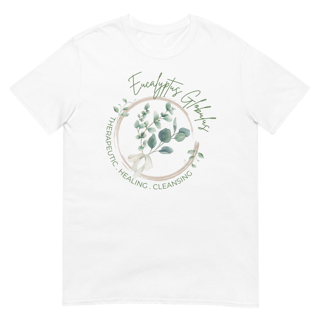 White t-shirt with eucalyptus design and text on a white background