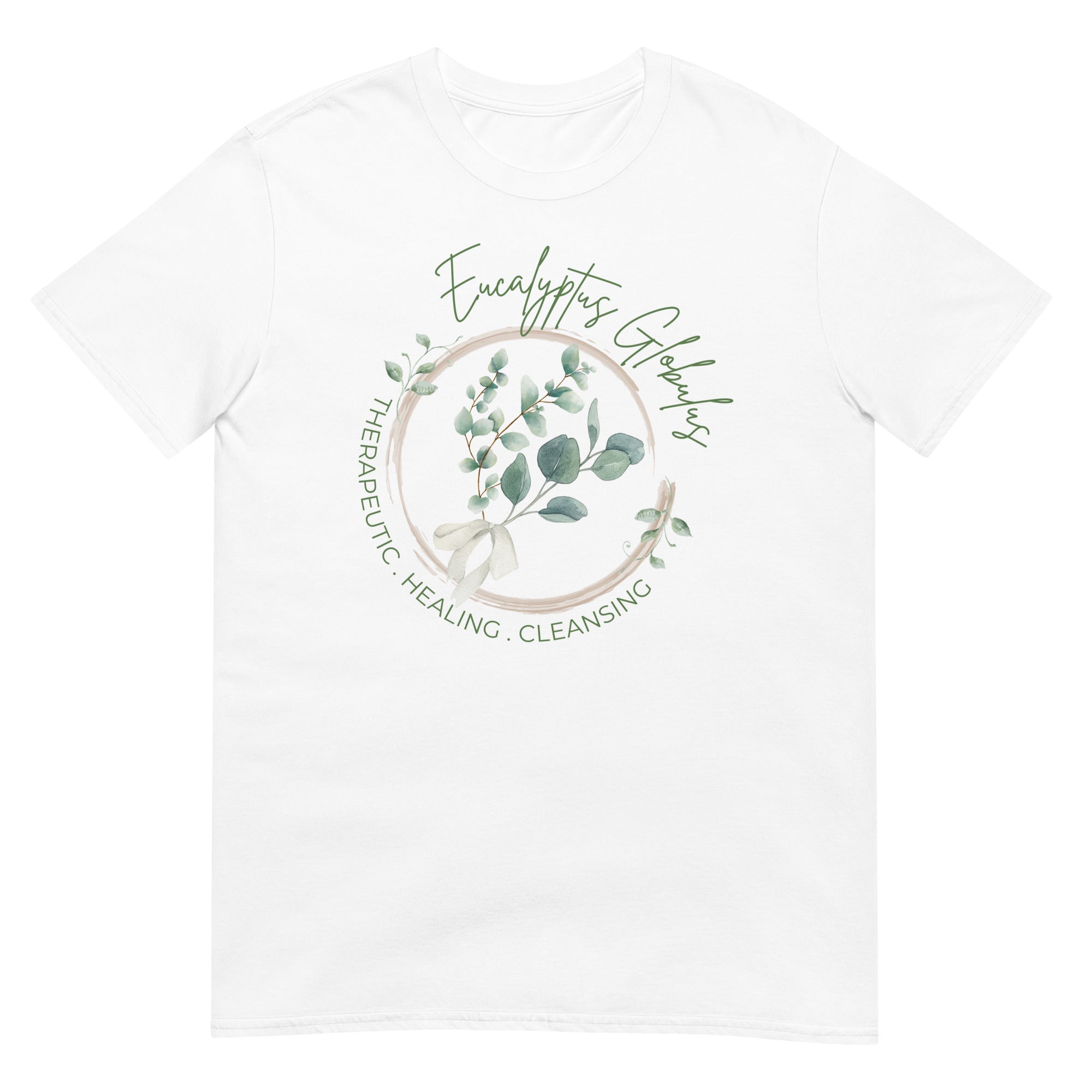 White t-shirt with eucalyptus design and text on a white background