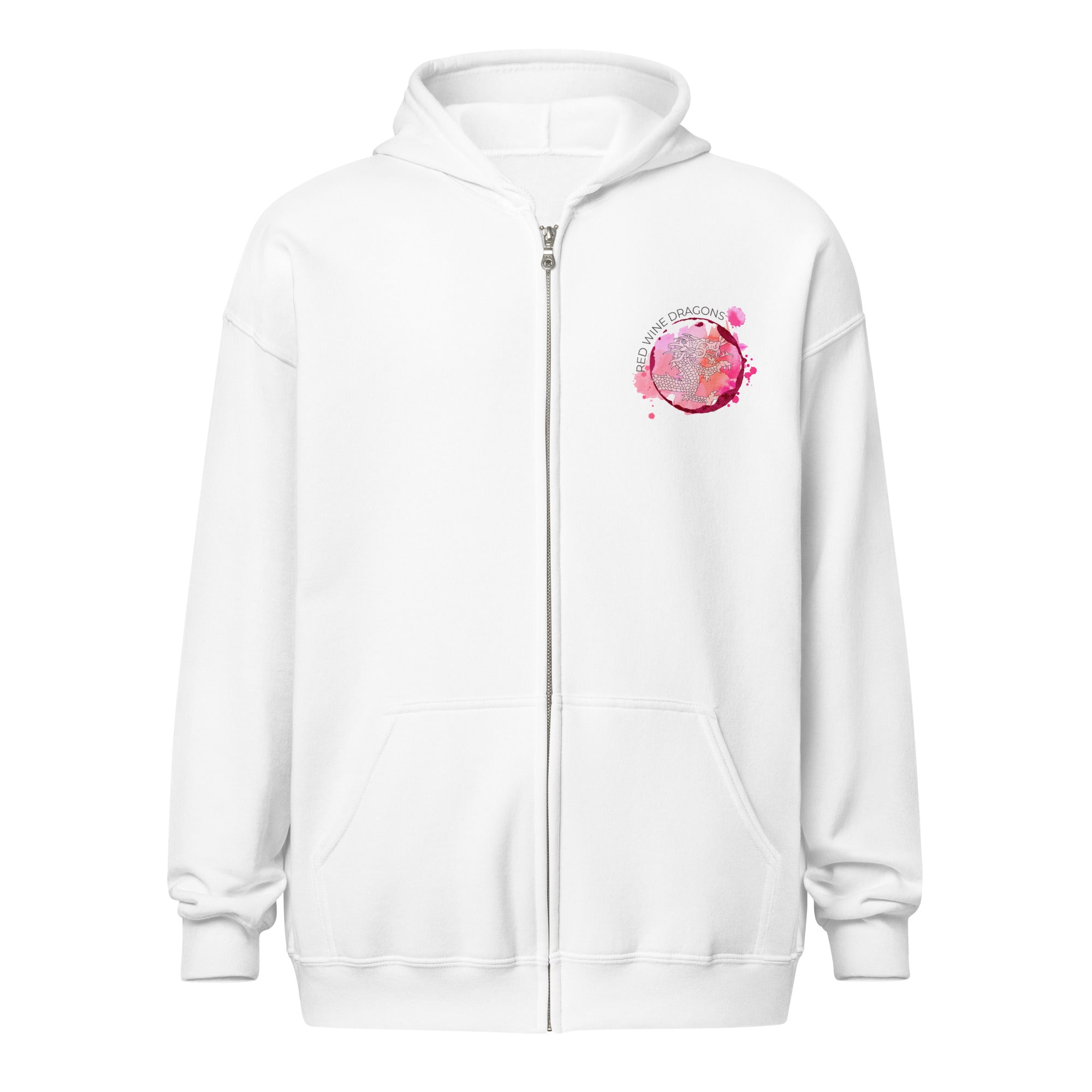White hoodie with a colorful graphic on the chest against a white background
