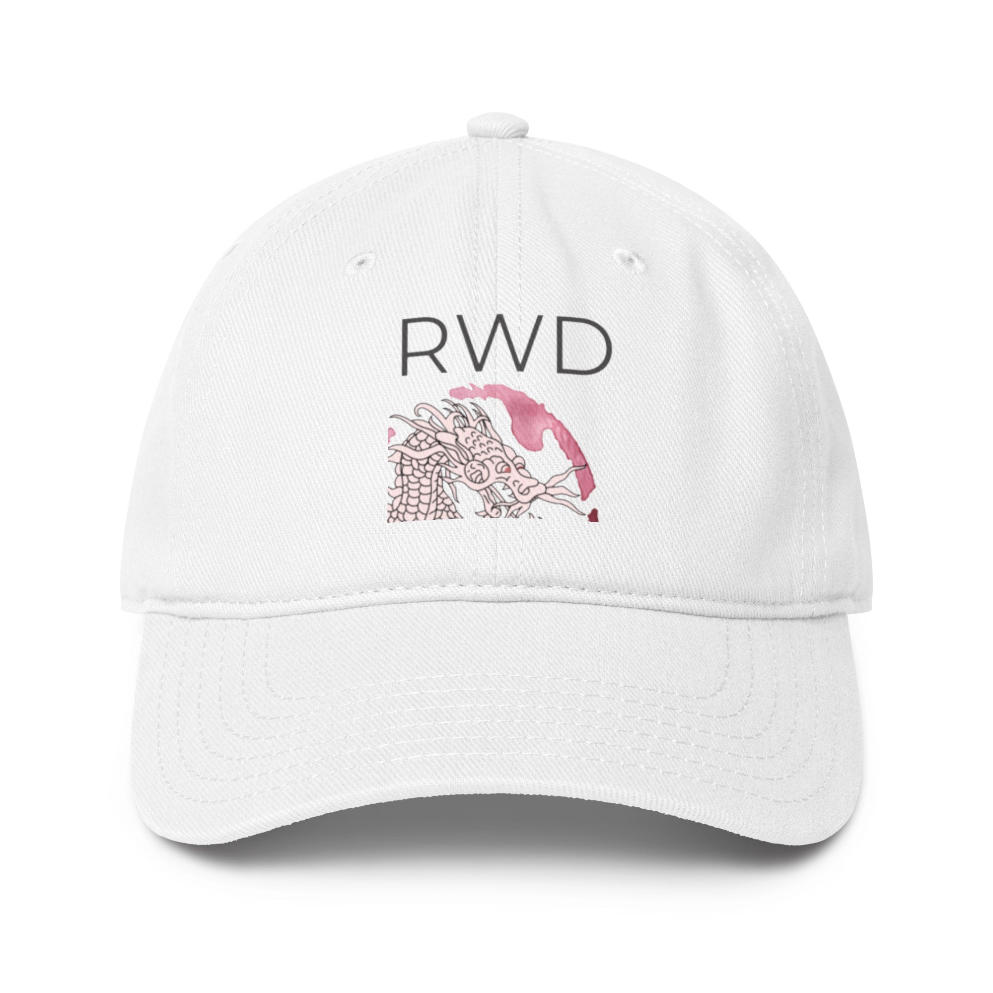 White cap with 'RWD' and a logo on a white background