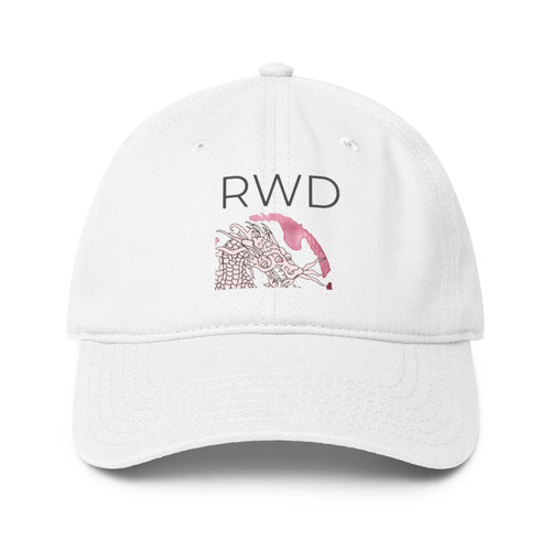 White cap with 'RWD' and a logo on a white background