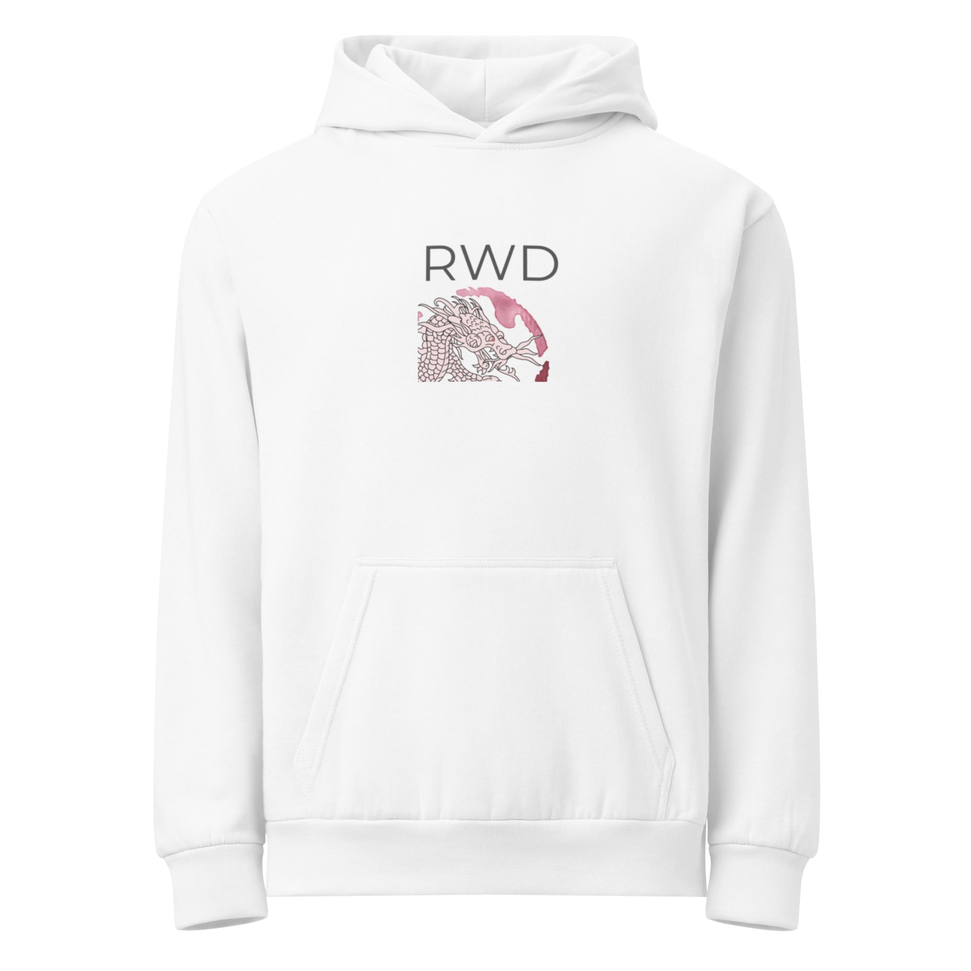White hoodie with 'RWD' logo on a white background