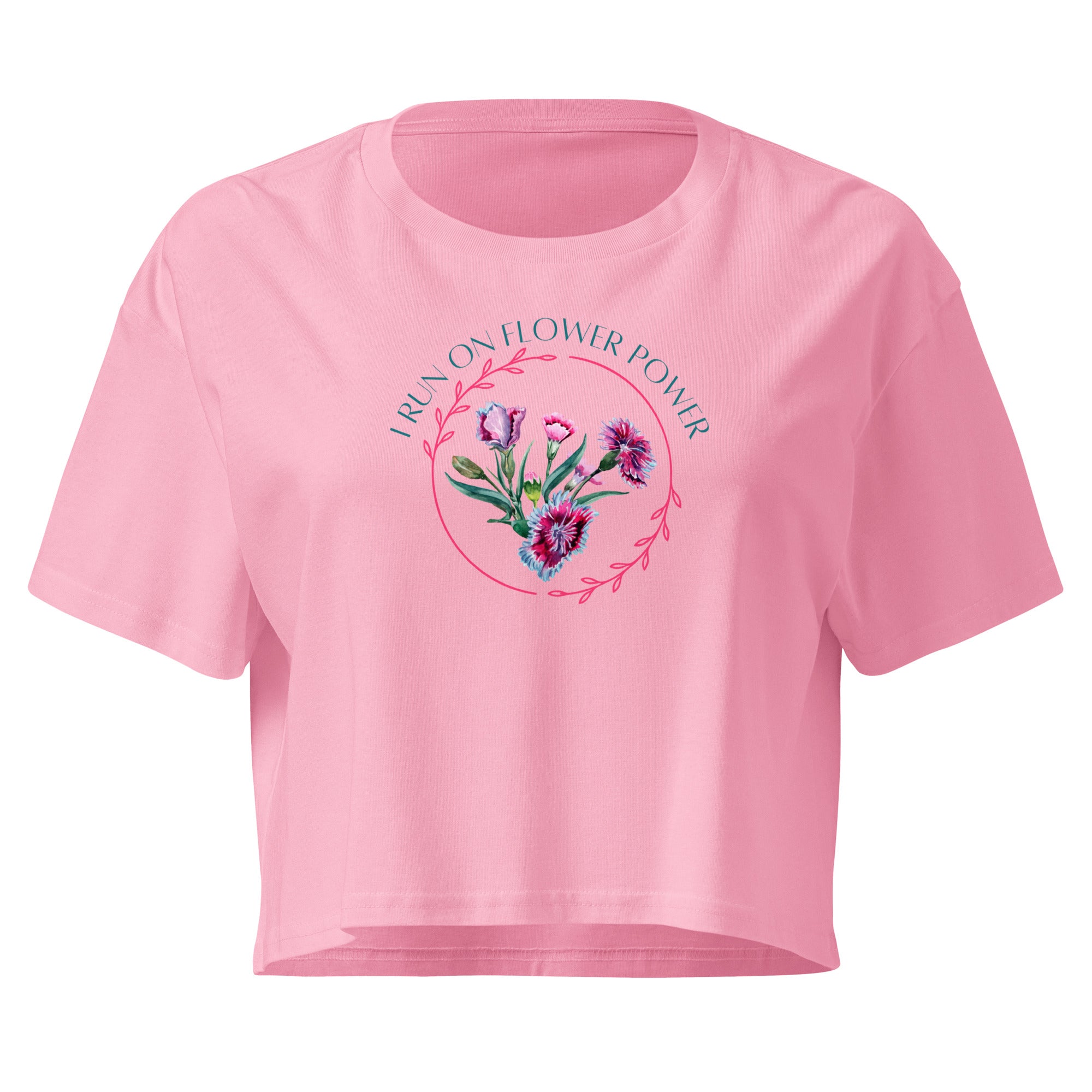 womens pink crop top with flower logo