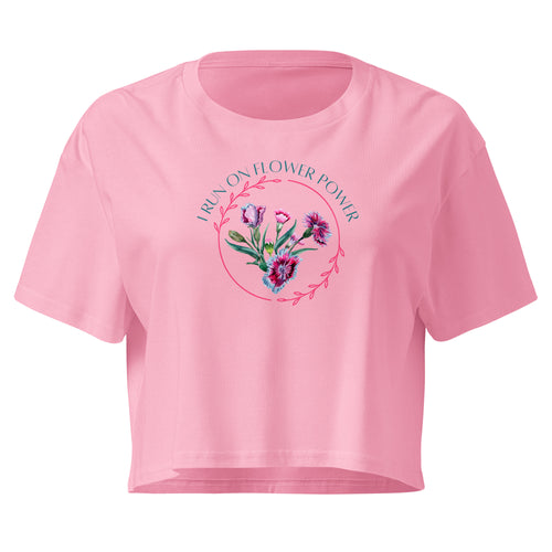 womens pink crop top with flower logo