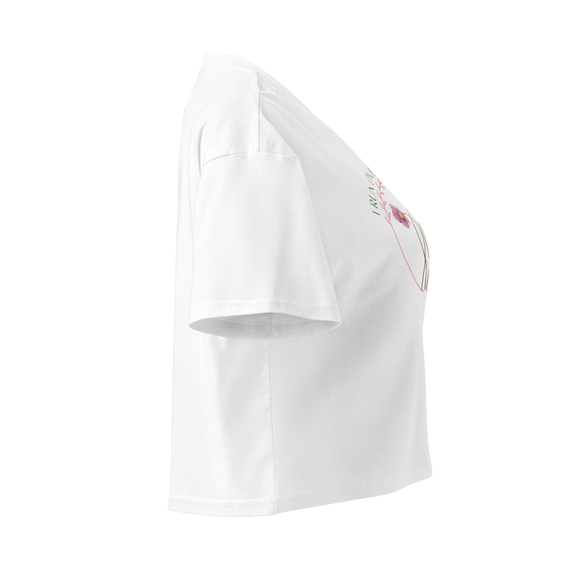 White crop top with a small graphic on a white background