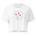 White t-shirt with floral design and text on a white background