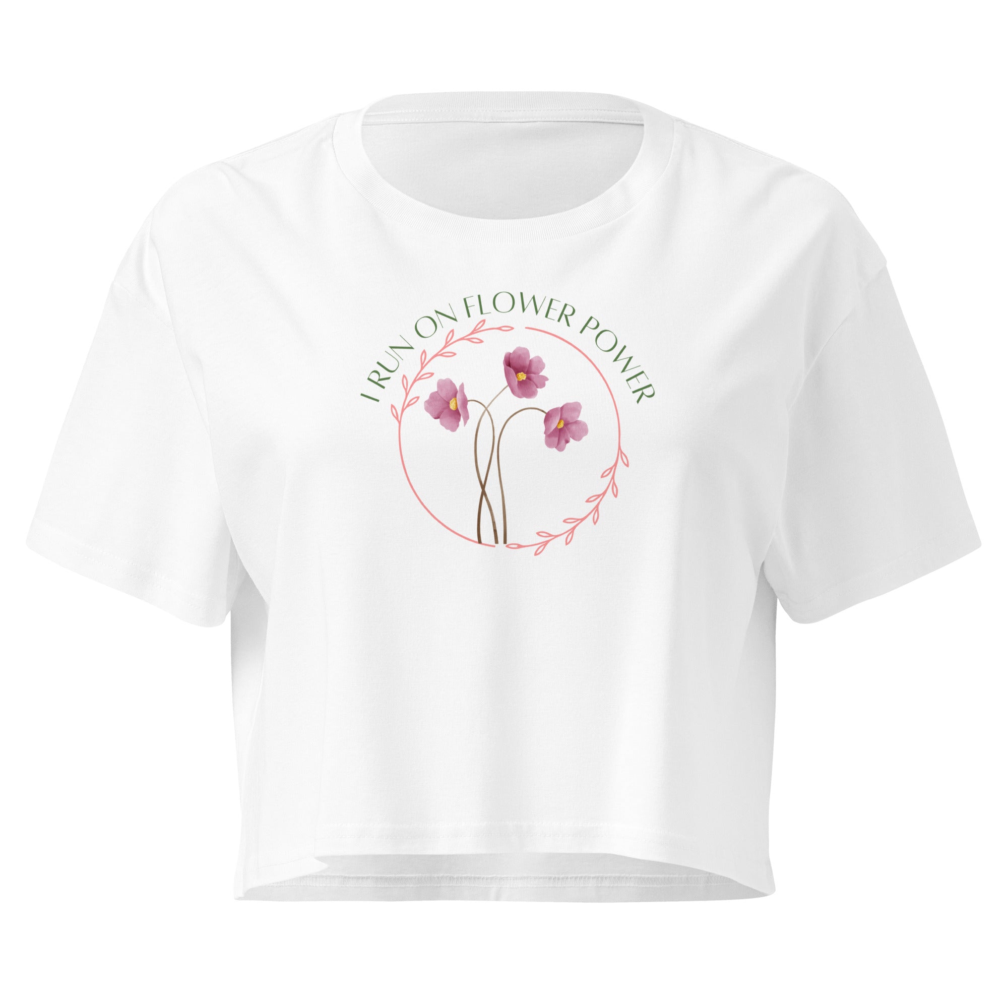 White t-shirt with floral design and text on a white background