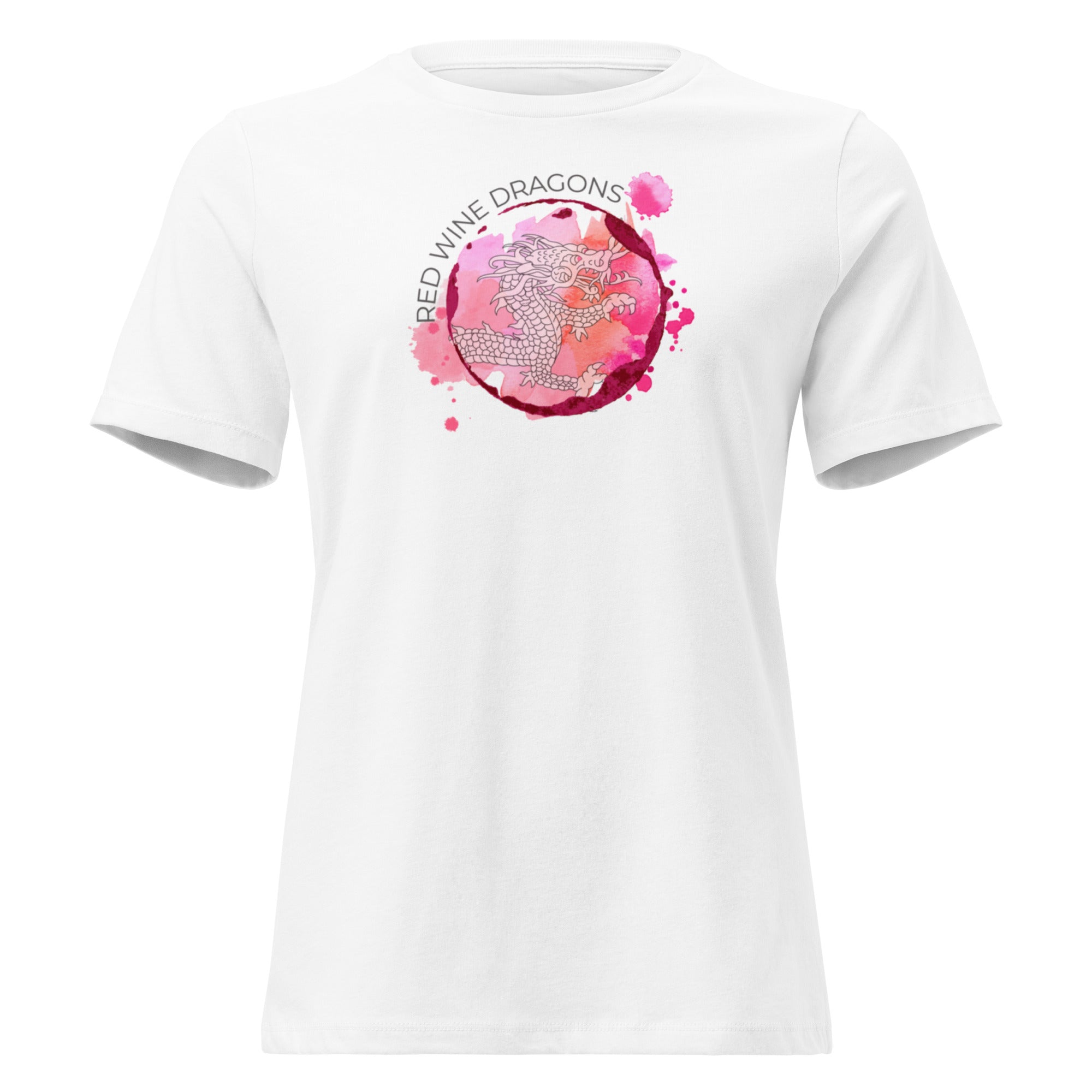 White t-shirt with a pink dragon watercolor graphic and text on a white background